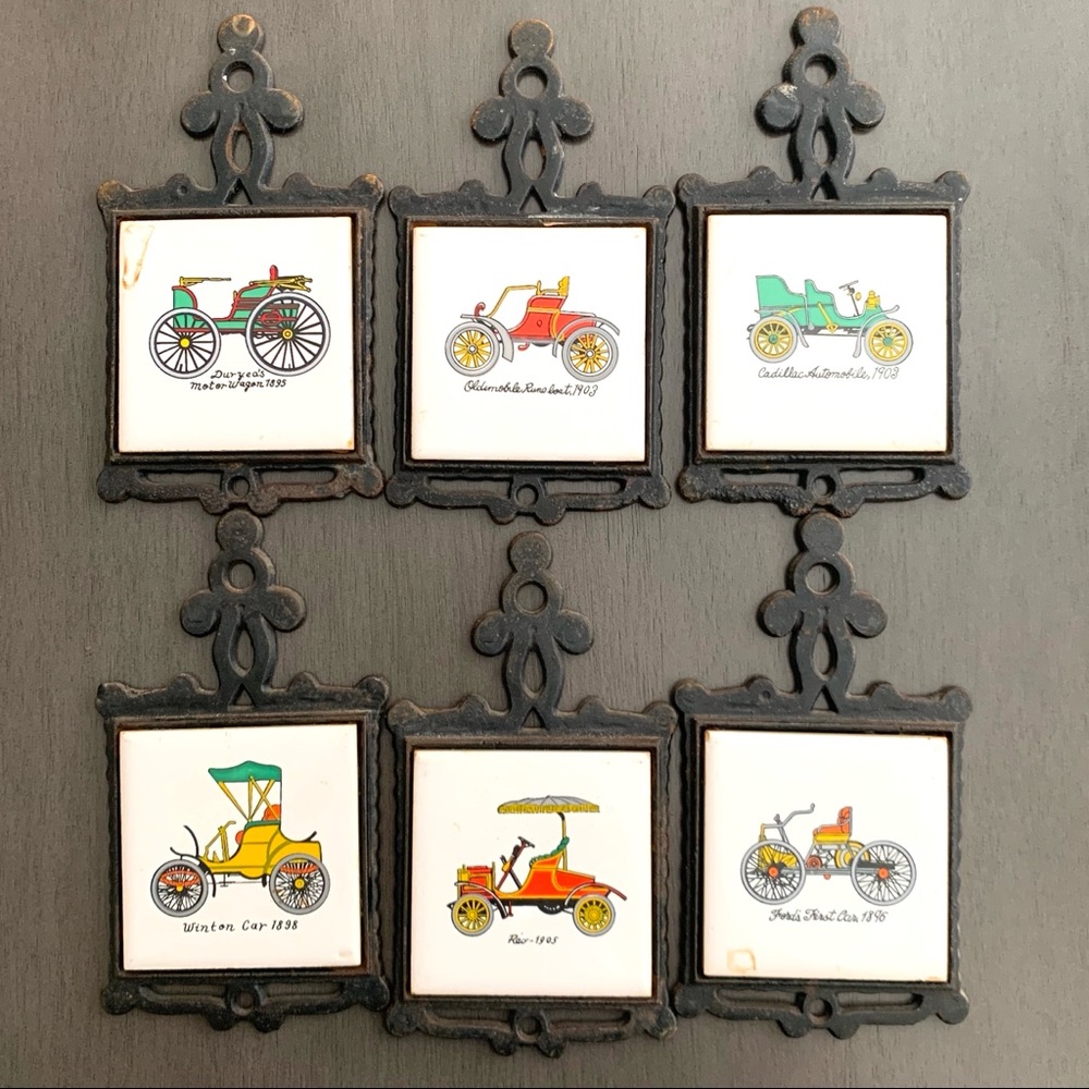 Vintage 60s San Huan Cast Iron Tile Antique Car Trivet Decorative Tiles Set of 6